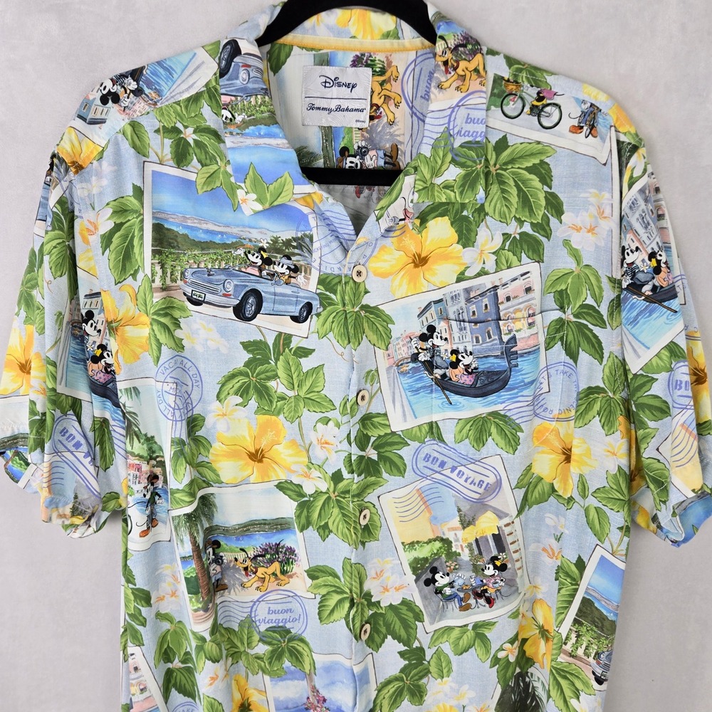 Disney Tommy Bahama Mickey Minnie Hawaiian Postcard Tropical Shirt Mens L Camp